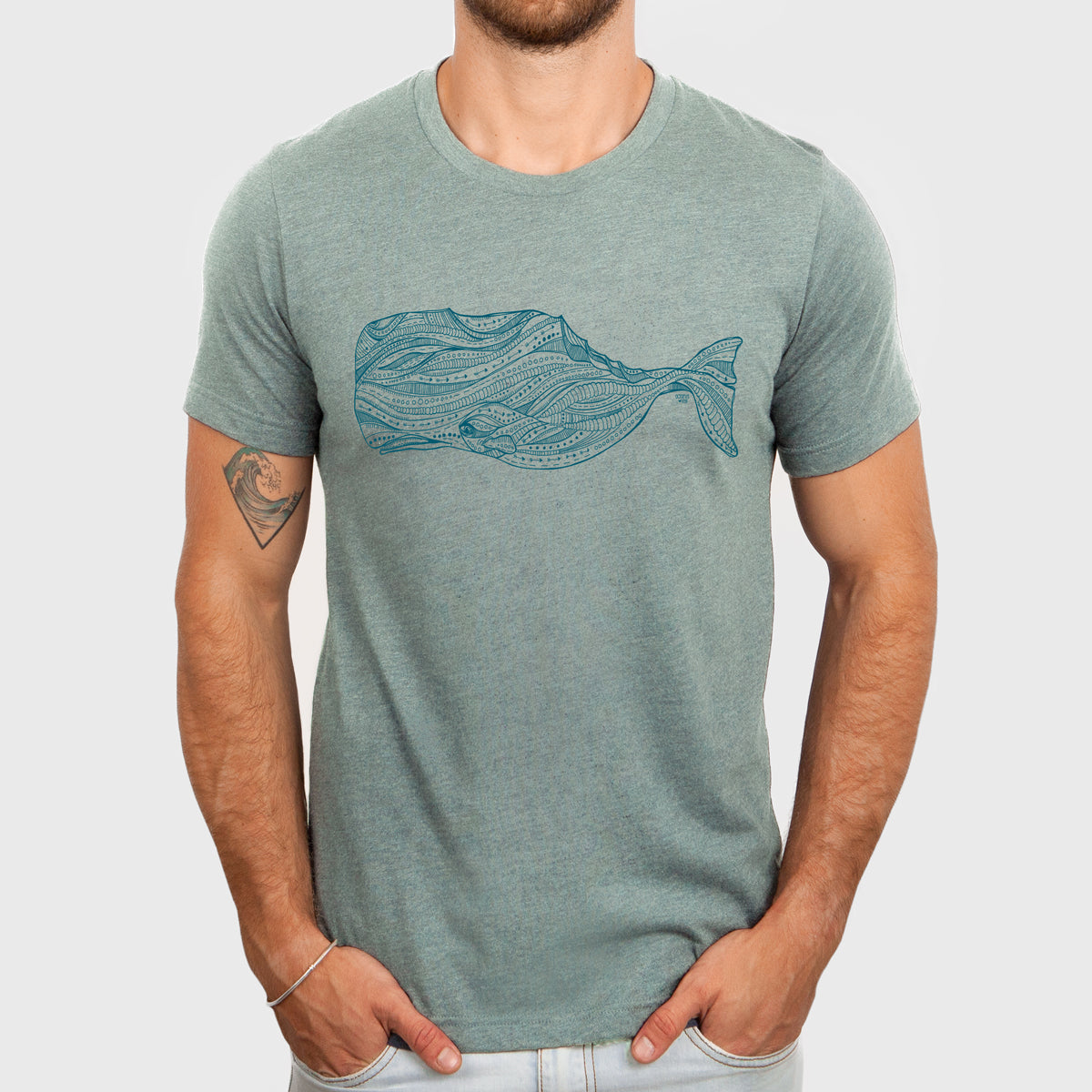 sperm whale design on light green tee