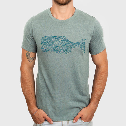 sperm whale design on light green tee