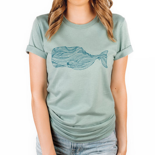 sperm whale design on light green tee