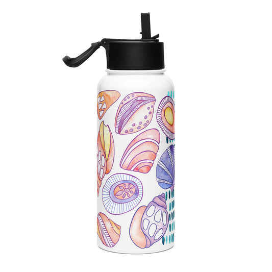 water bottle with hand painted shell design in purples and turquoise