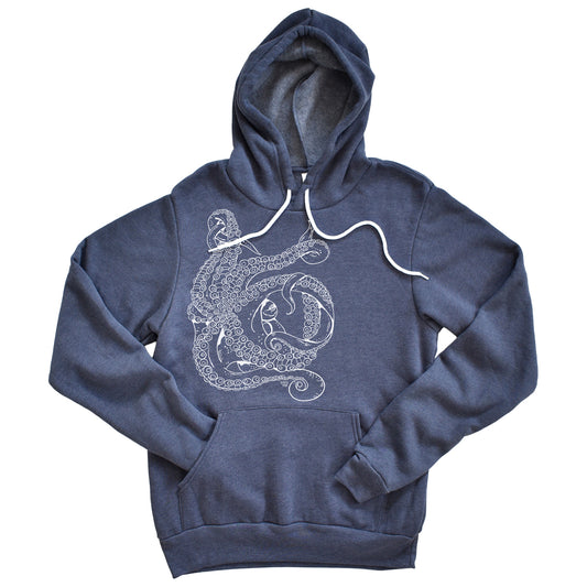 A navy fleece pullover hoodie with a hood and kangaroo pocket, featuring a white tentacle design on the front.