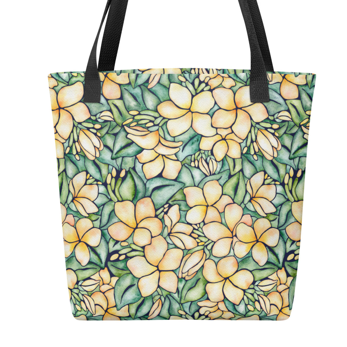 Tote bag with yellow floral pattern on a white background