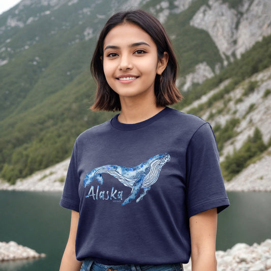 navy tee with hand painted watercolor whale design