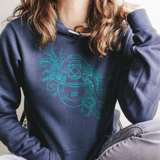 hand drawn aquanaut design on a navy pullover hoodie