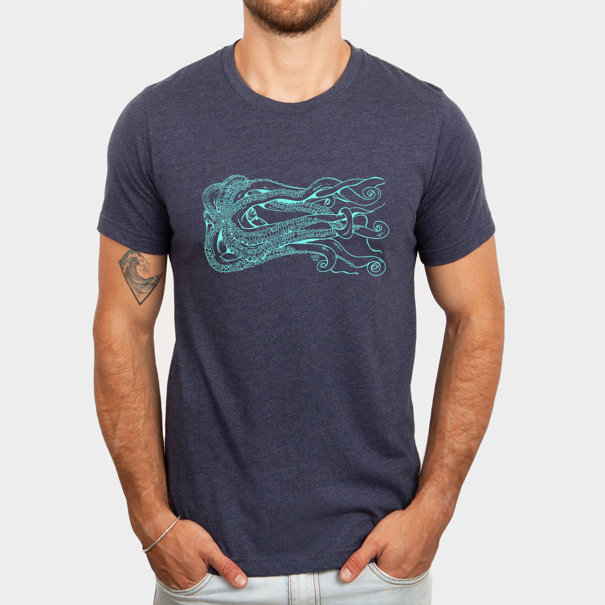 turquoise octopus on navy unisex tee