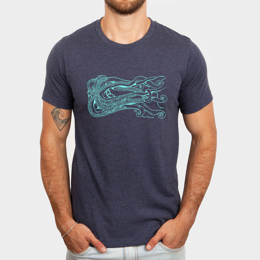turquoise octopus on navy unisex tee