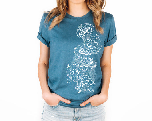 jellyfish design on eco friendly teal tee