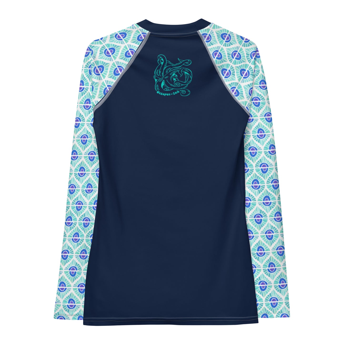 turquoise watercolor design on ladies rash guard