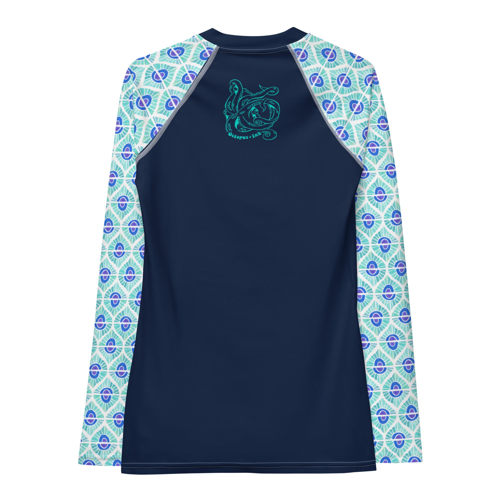 turquoise watercolor design on ladies rash guard