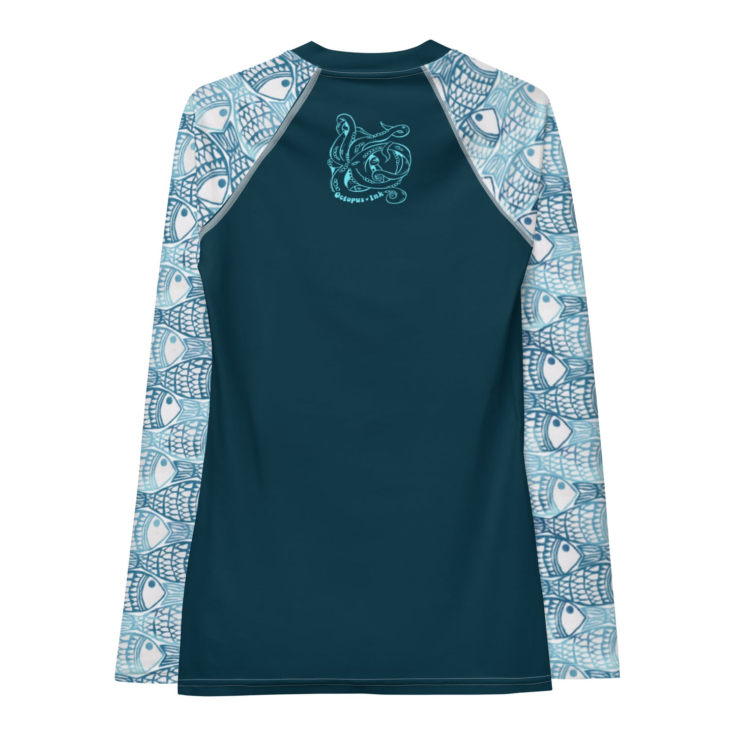 teal block printed fish design rash guard