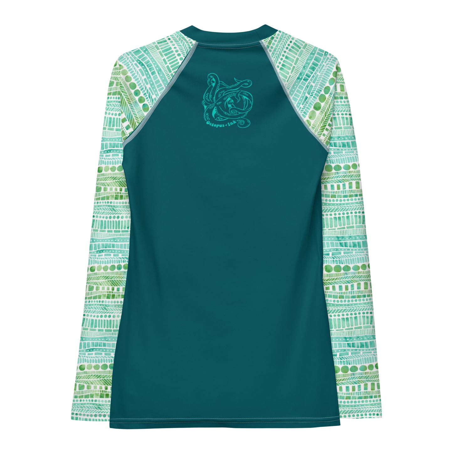 hand painted watercolor design in greens and teals on a ladies rash guard