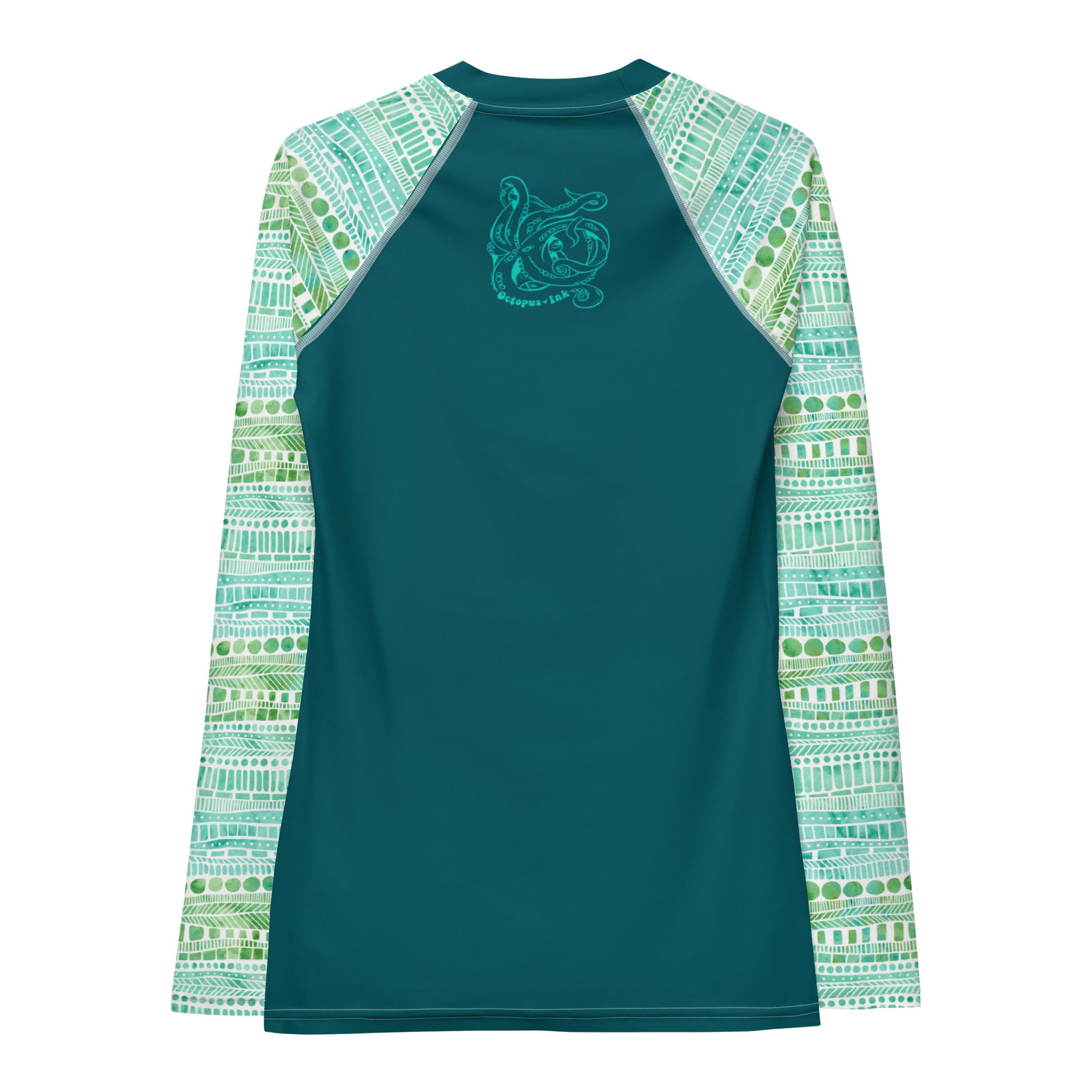hand painted watercolor design in greens and teals on a ladies rash guard