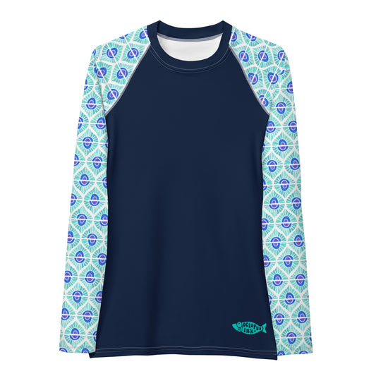 turquoise watercolor design on ladies rash guard