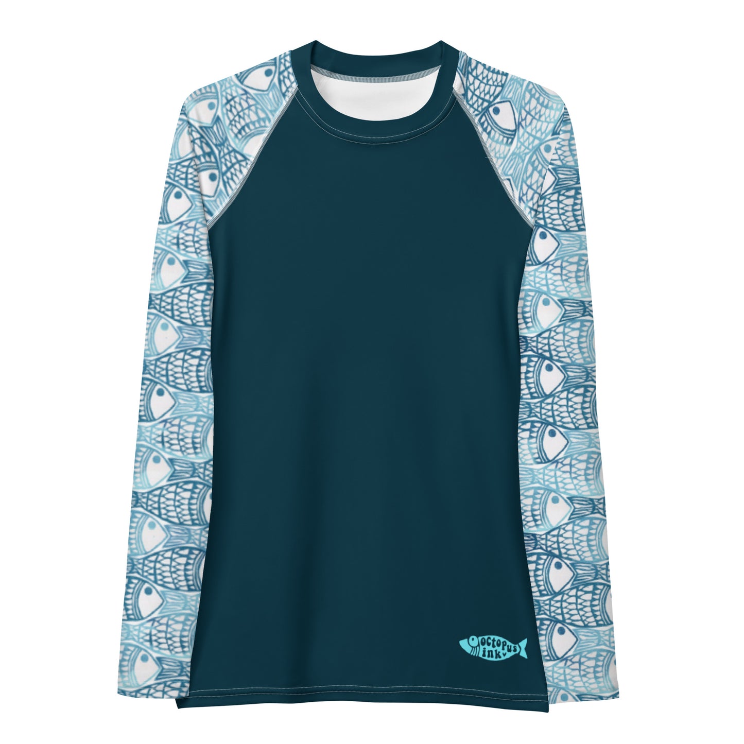 teal block printed fish design rash guard