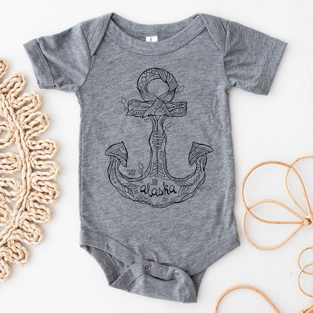 hand drawn anchor design on grey baby bodysuit