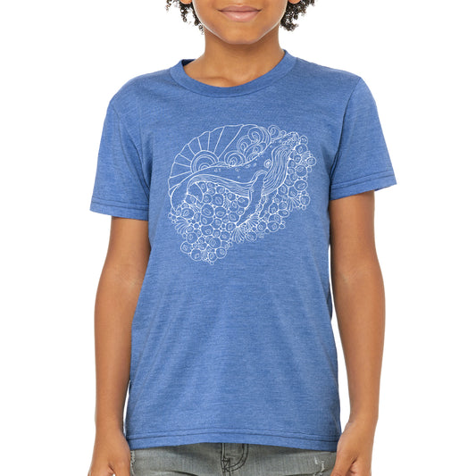 hand drawn whale design on blue youth tee