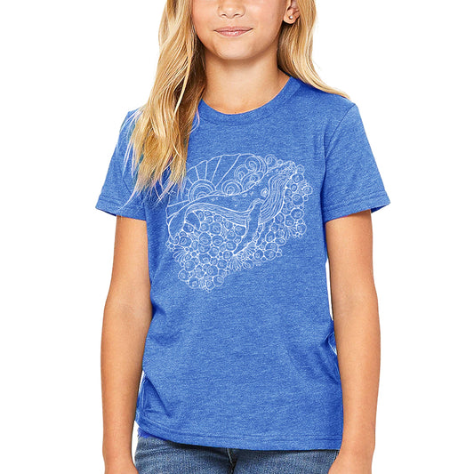 hand drawn whale design on blue youth tee