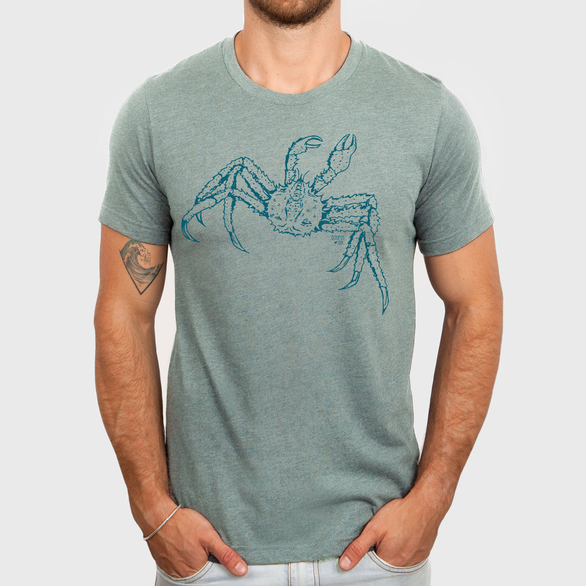 green unisex tee with crab design