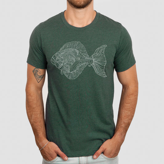 Alaskan halibut design on dark green unisex tee