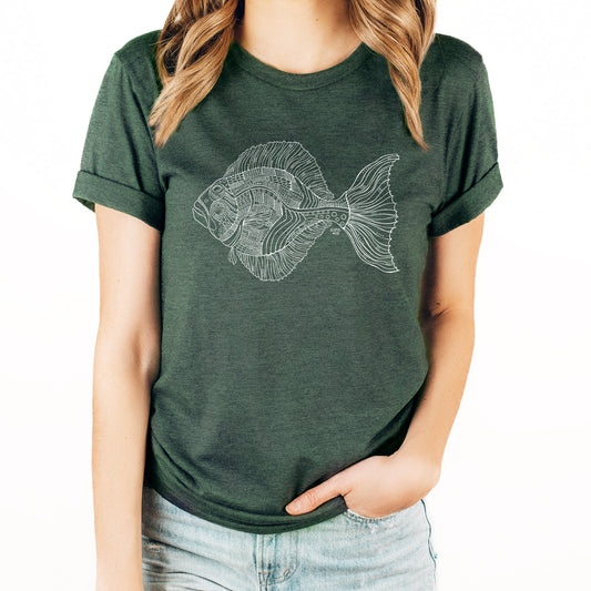 Alaskan halibut design on dark green unisex tee