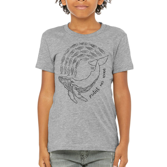 hand drawn whale design on grey unisex youth tee