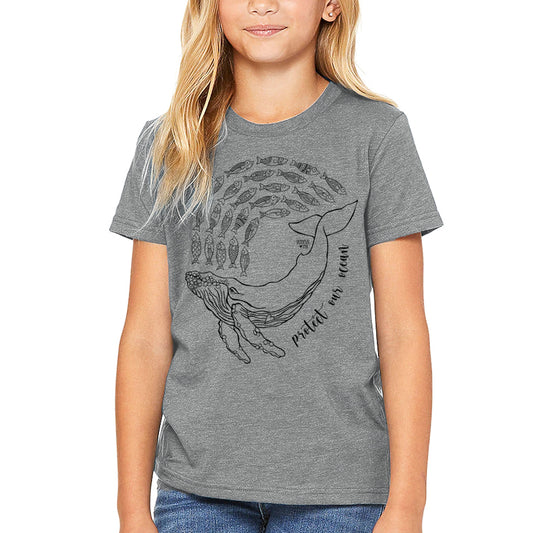 hand drawn whale design on grey unisex youth tee