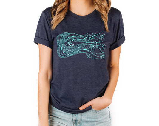 turquoise octopus on navy unisex tee