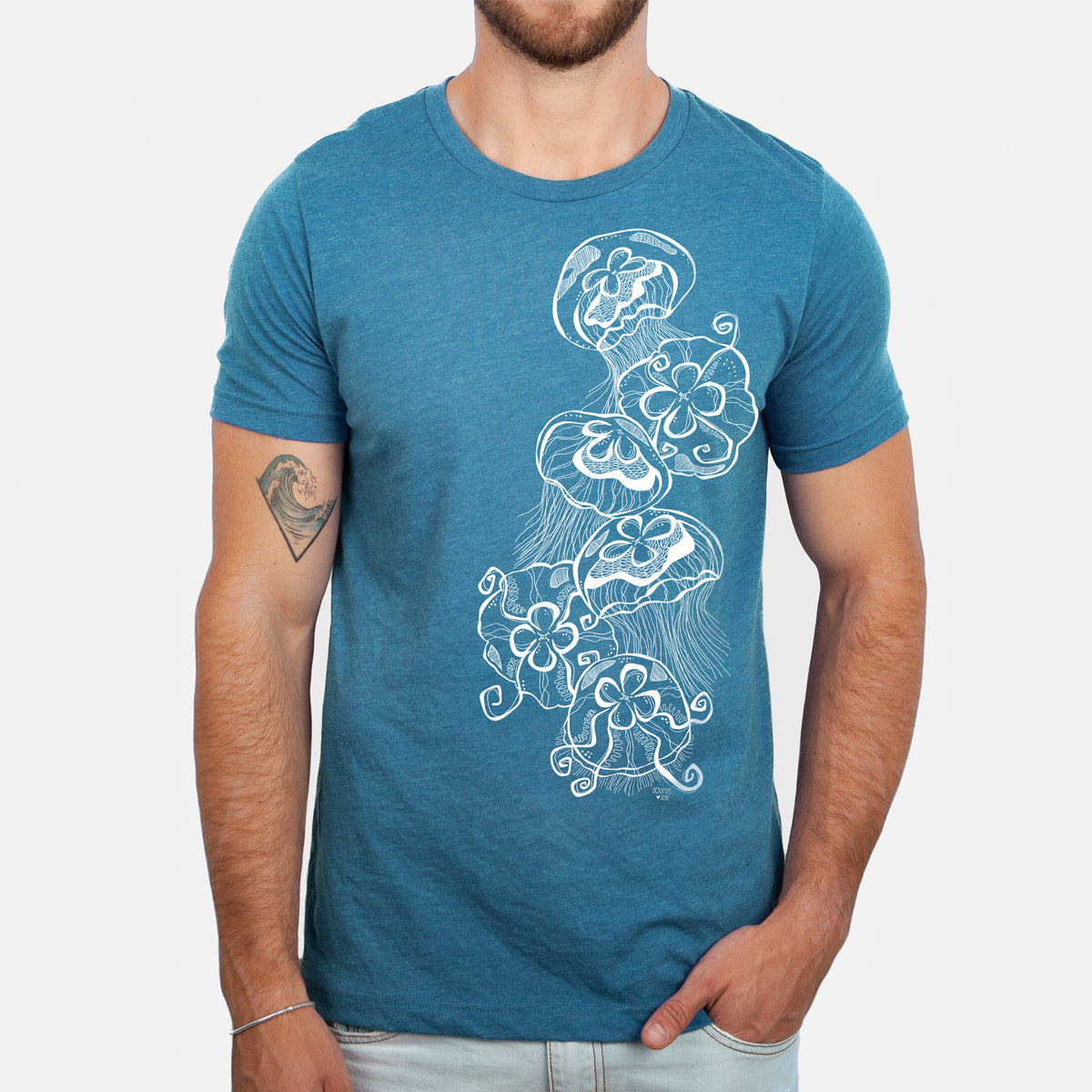 jellyfish design on eco friendly teal tee