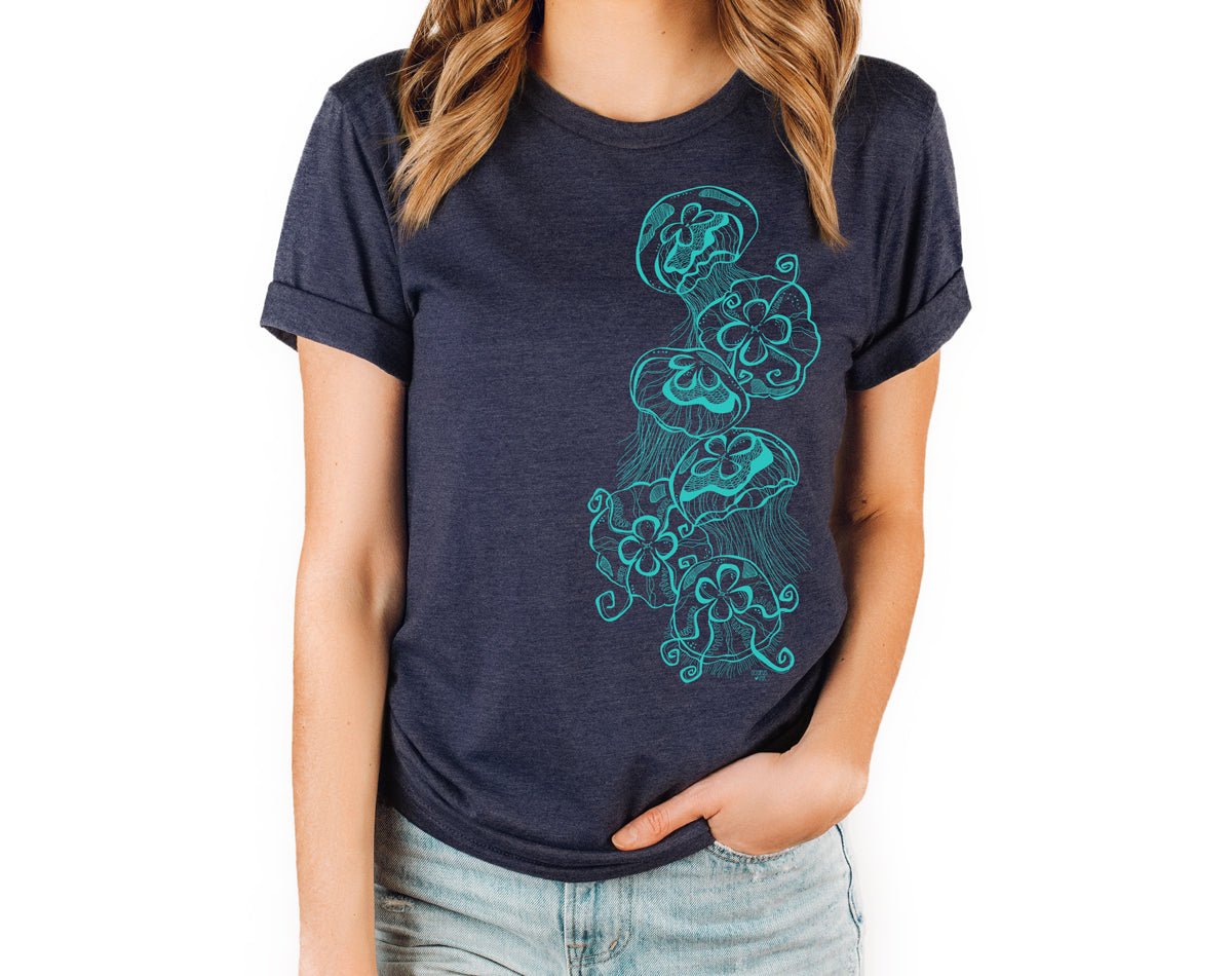 jellyfish design on eco friendly navy tee
