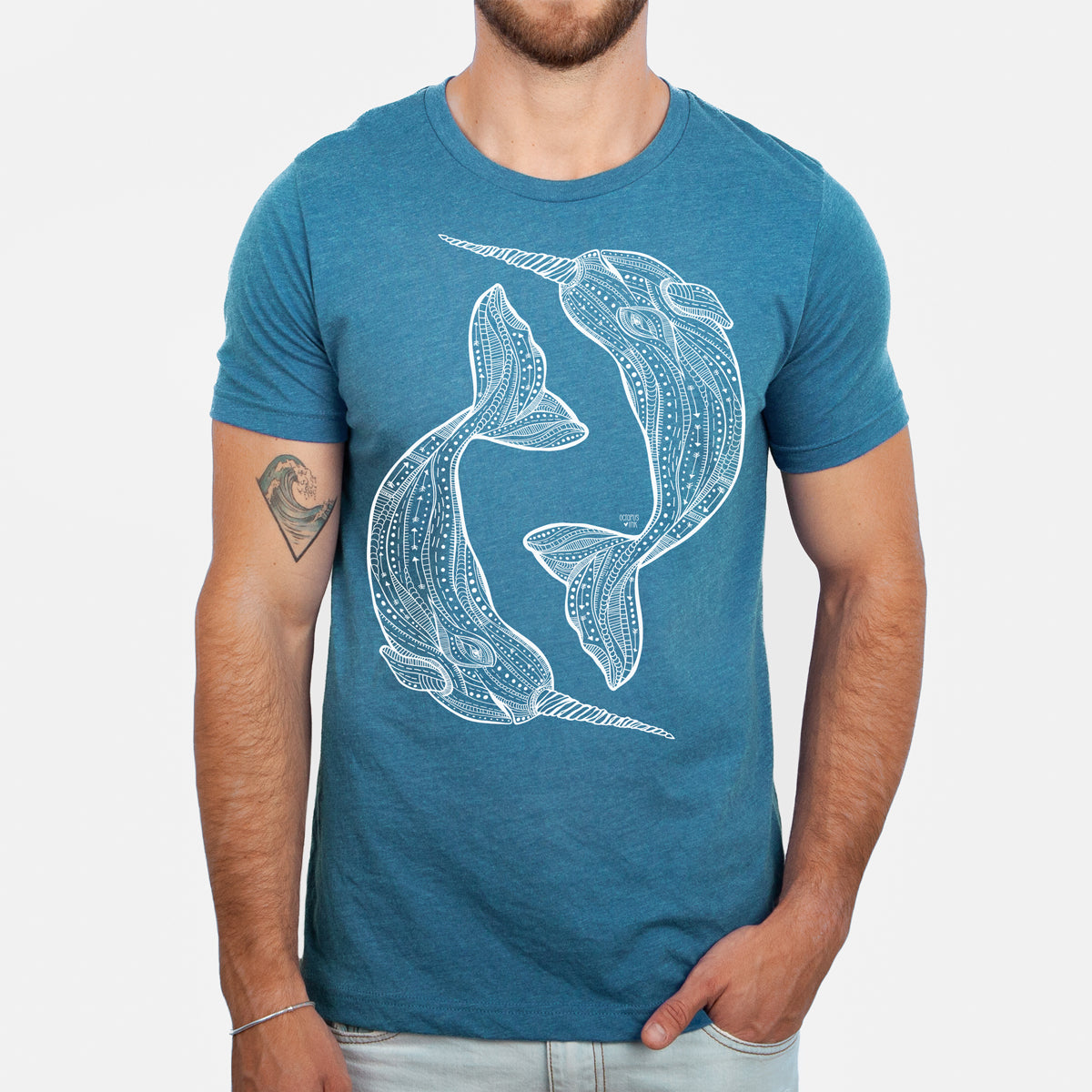 narwhal design on teal unisex tee