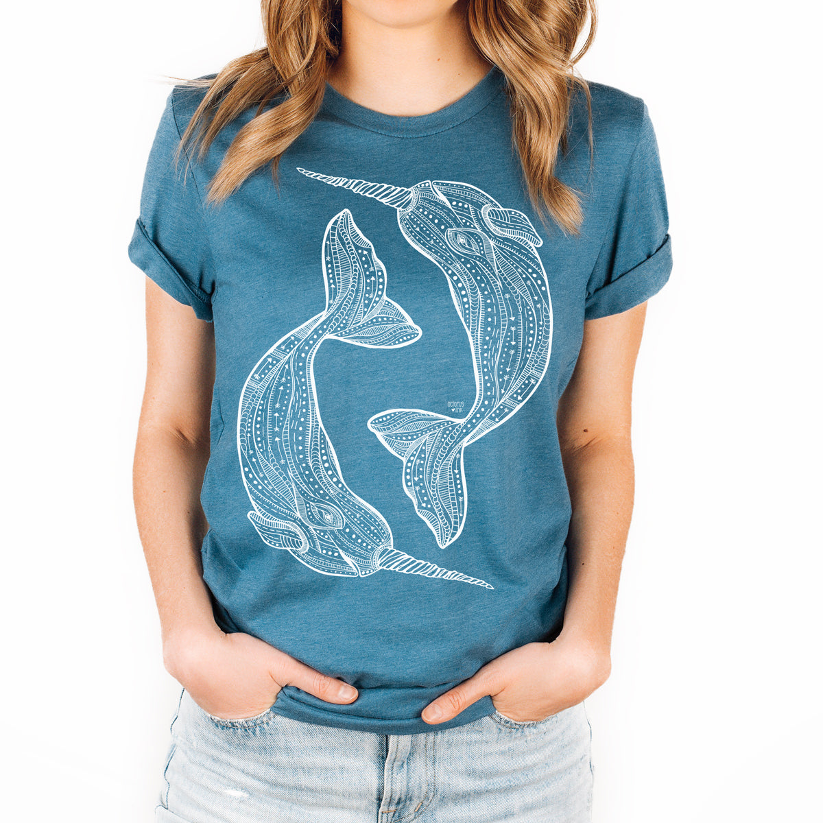 narwhal design on teal unisex tee