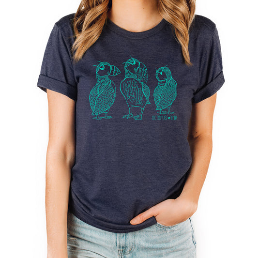 three puffins on navy unisex tee