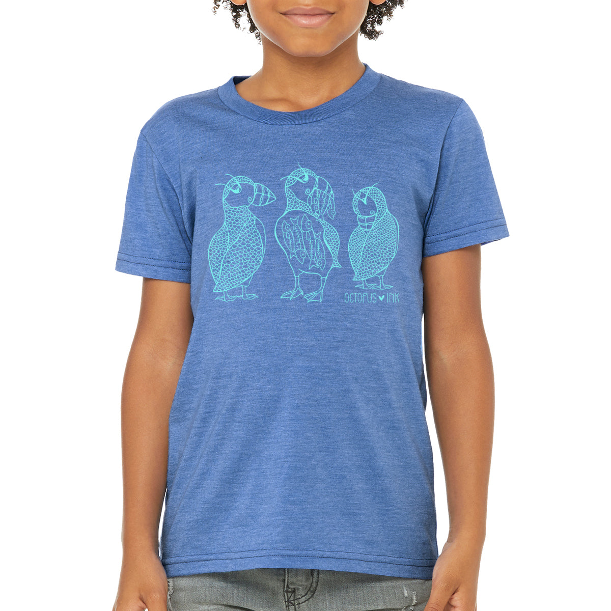 hand drawn puffin design on blue unisex youth tee