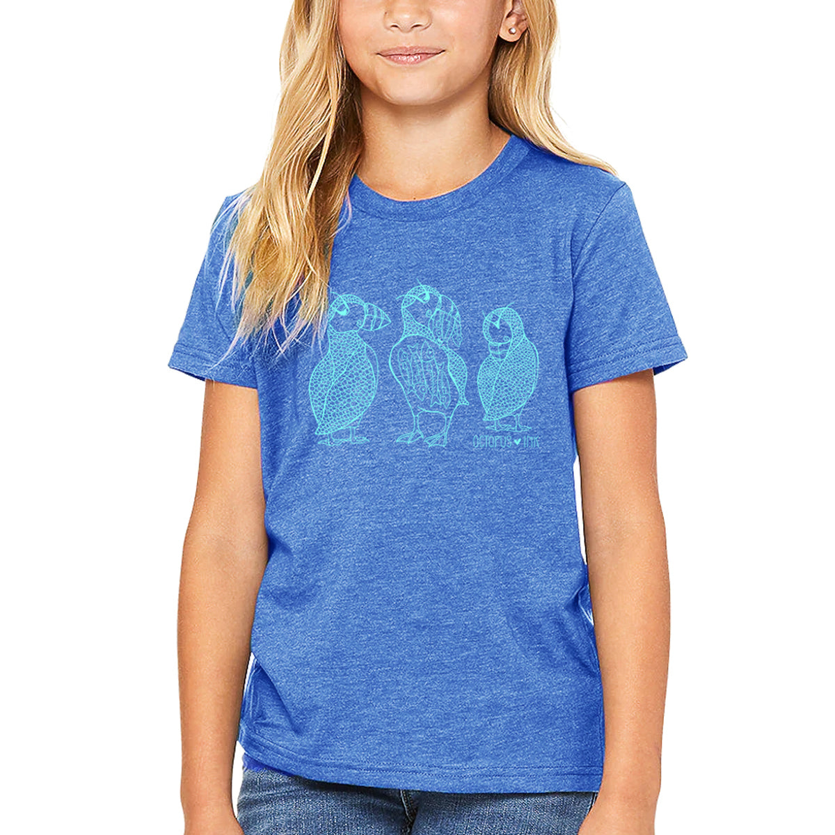 hand drawn puffin design on blue unisex youth tee
