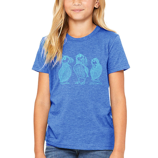 hand drawn puffin design on blue unisex youth tee