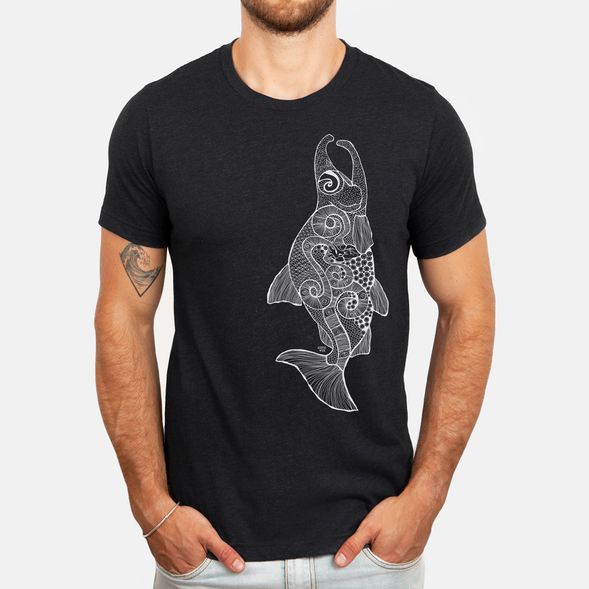 alaskan salmon design on black unisex tee