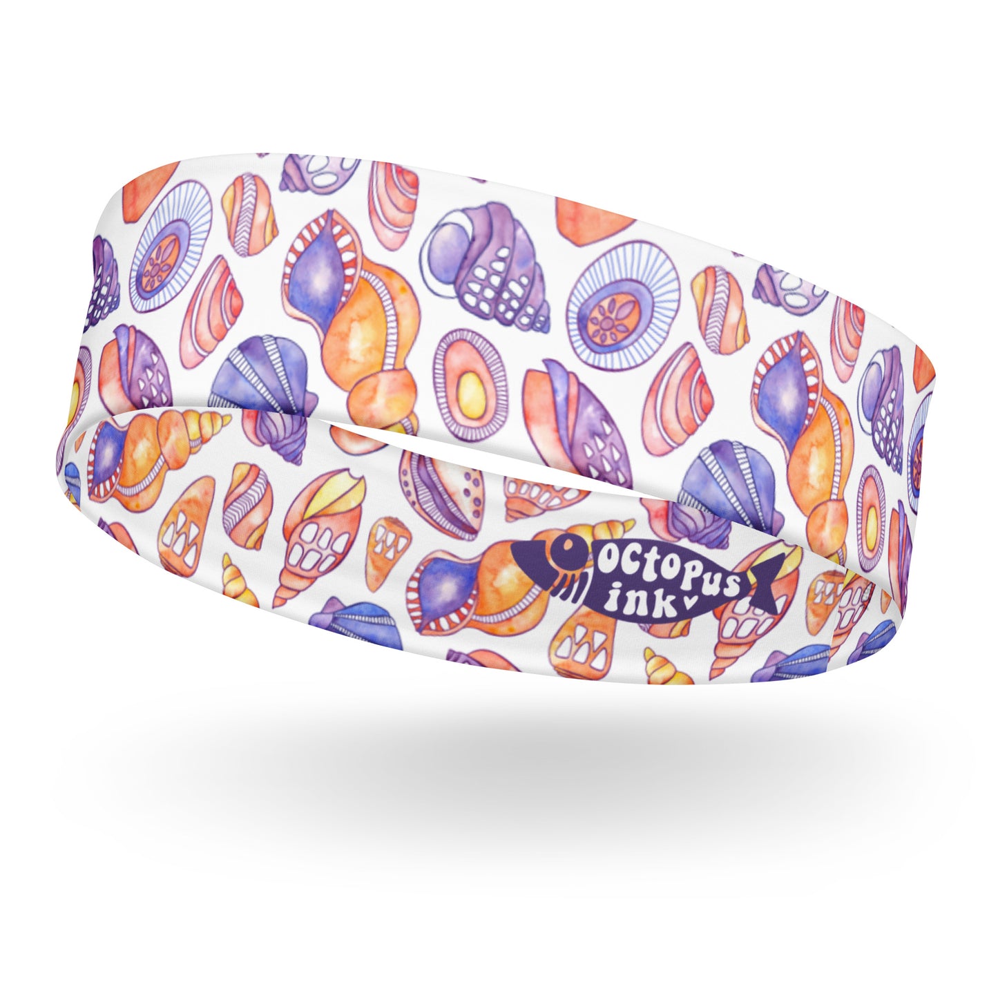 headband featuring a hand painted watercolor design of shells