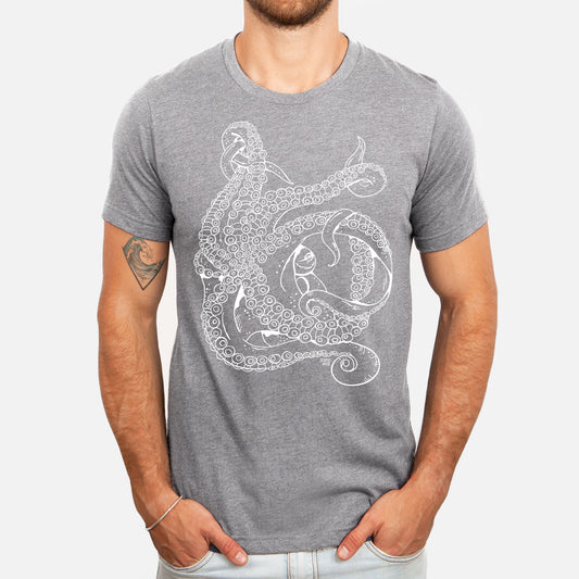 octopus design on unisex eco friendly grey tee
