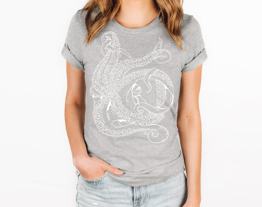 octopus design on unisex eco friendly grey tee