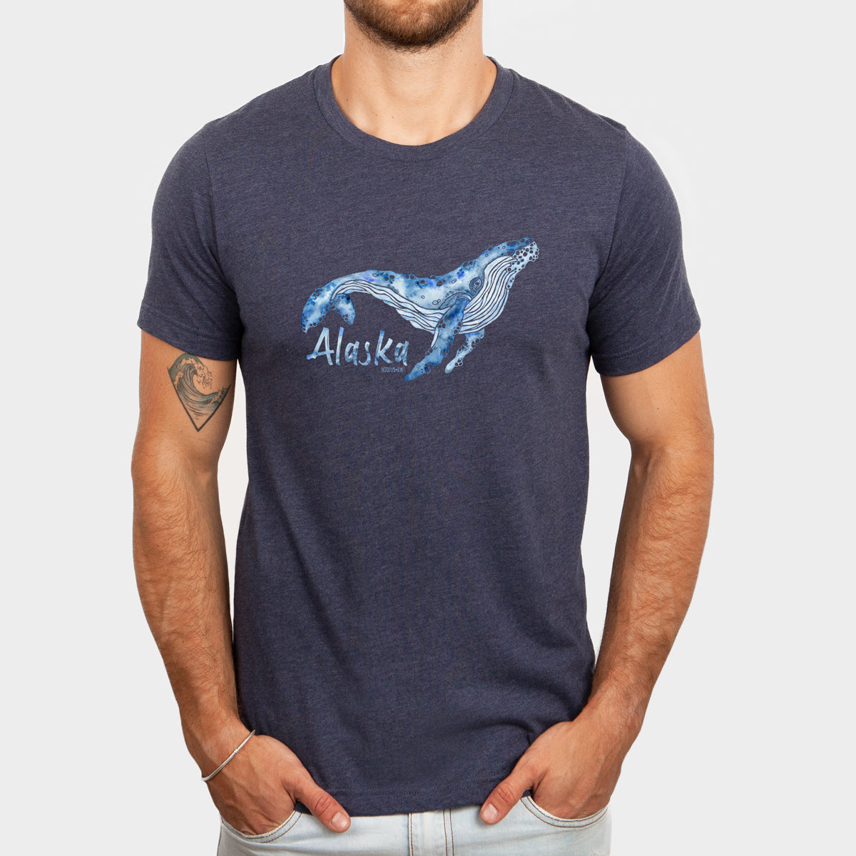 watercolored humpback on navy tee