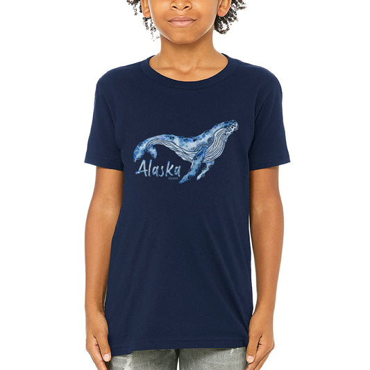hand painted whale design on blue unisex youth tee