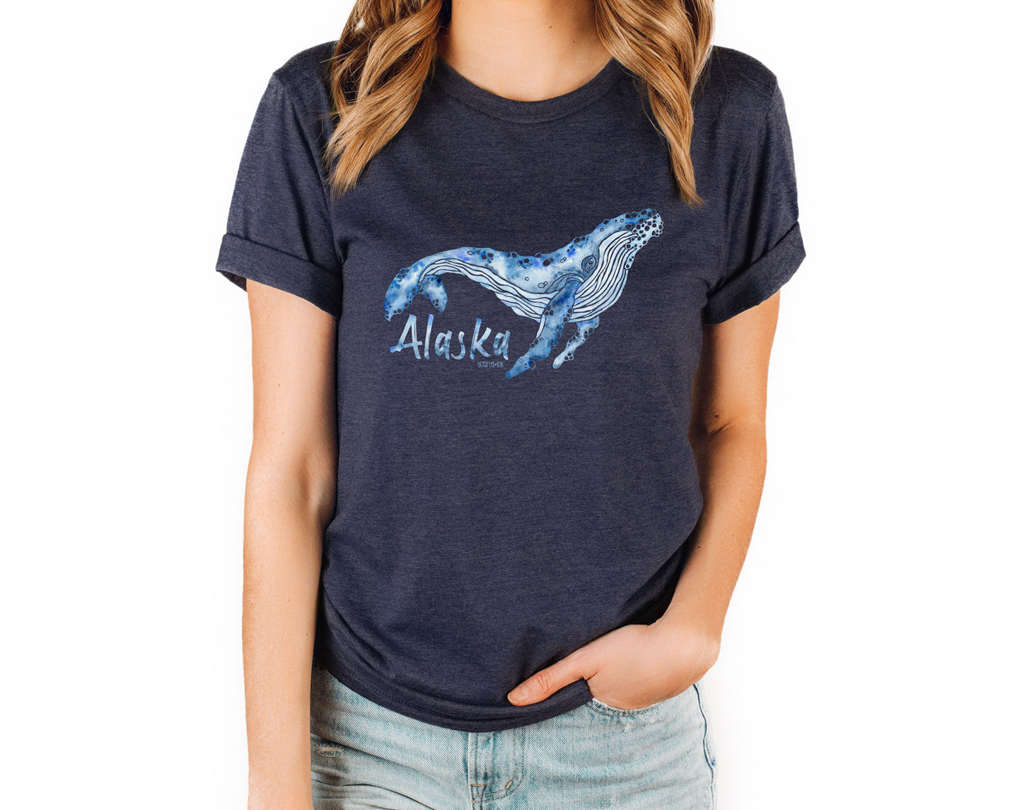 watercolored humpback on navy tee