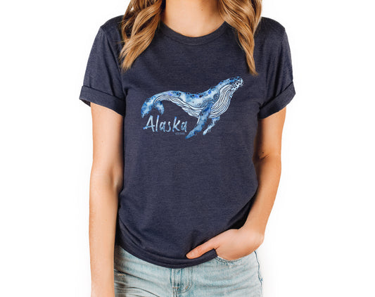 watercolored humpback on navy tee
