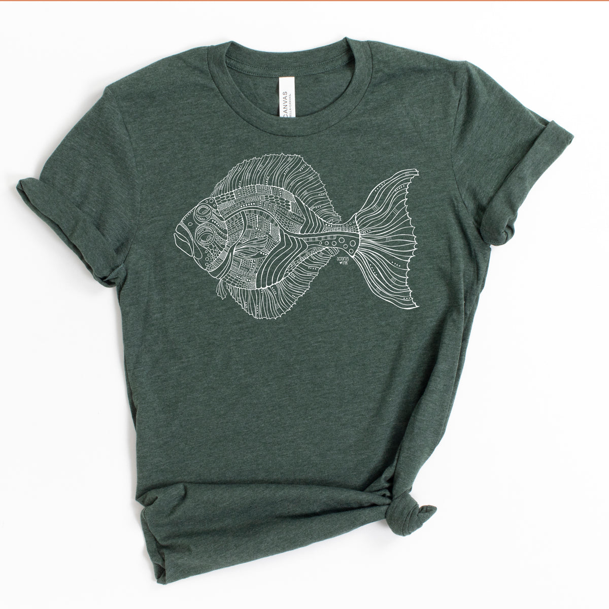 Alaskan halibut design on dark green unisex tee
