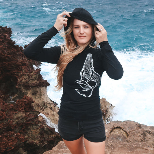 humpback whale design on a charcoal unisex lightweight hooded long sleeve