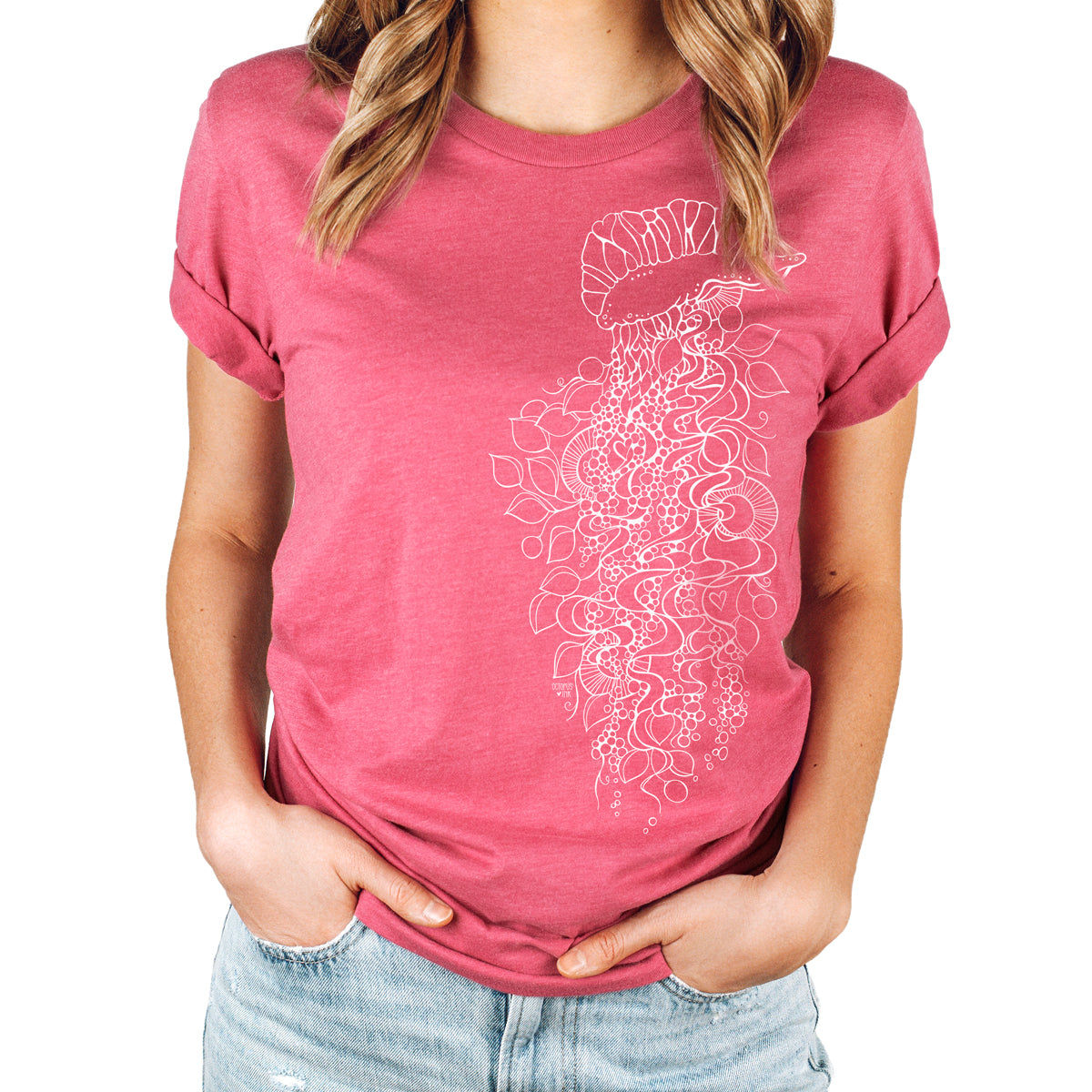 hand drawn man of war design printed on a weathered raspberry tee 