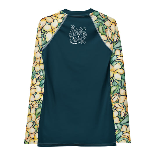 rash guard with yellow plumerias 
