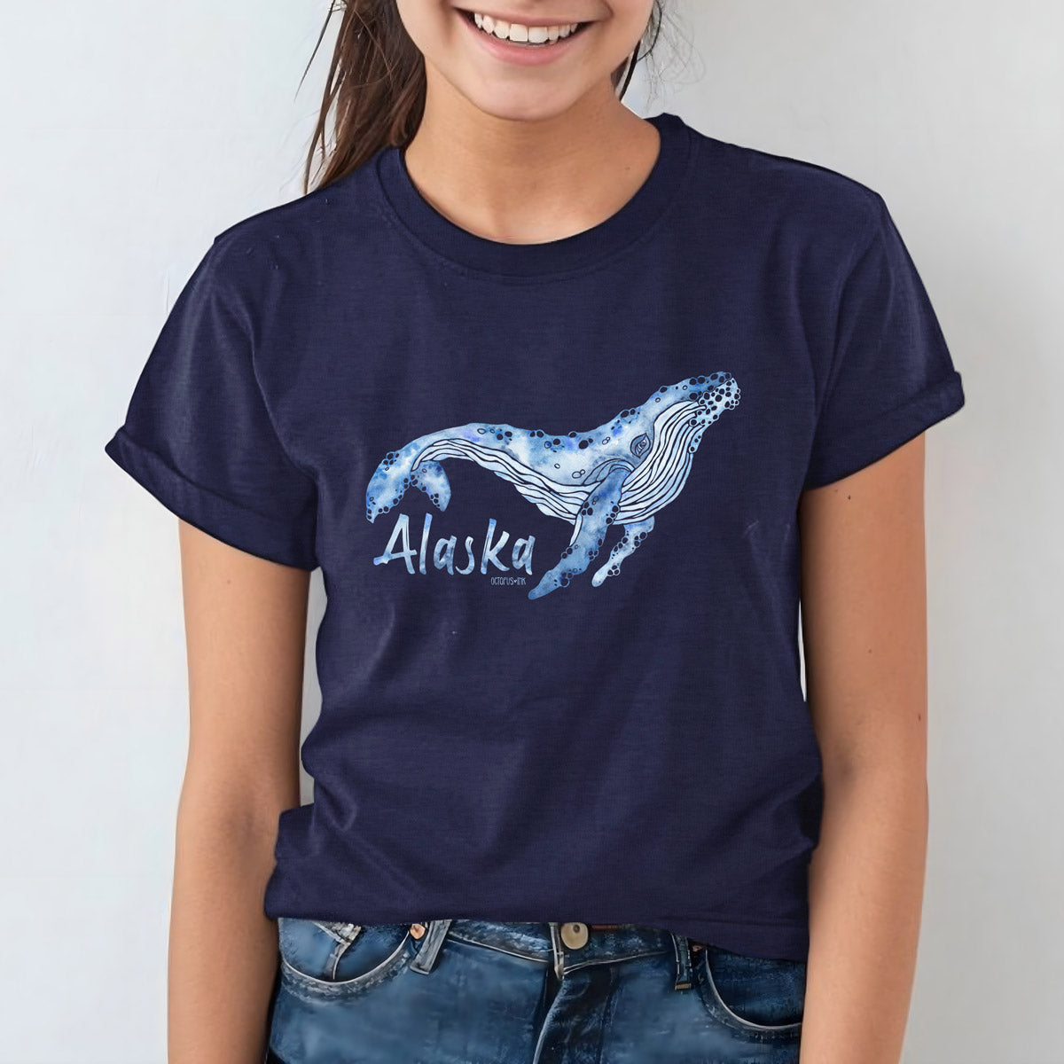 hand painted whale design on blue unisex youth tee