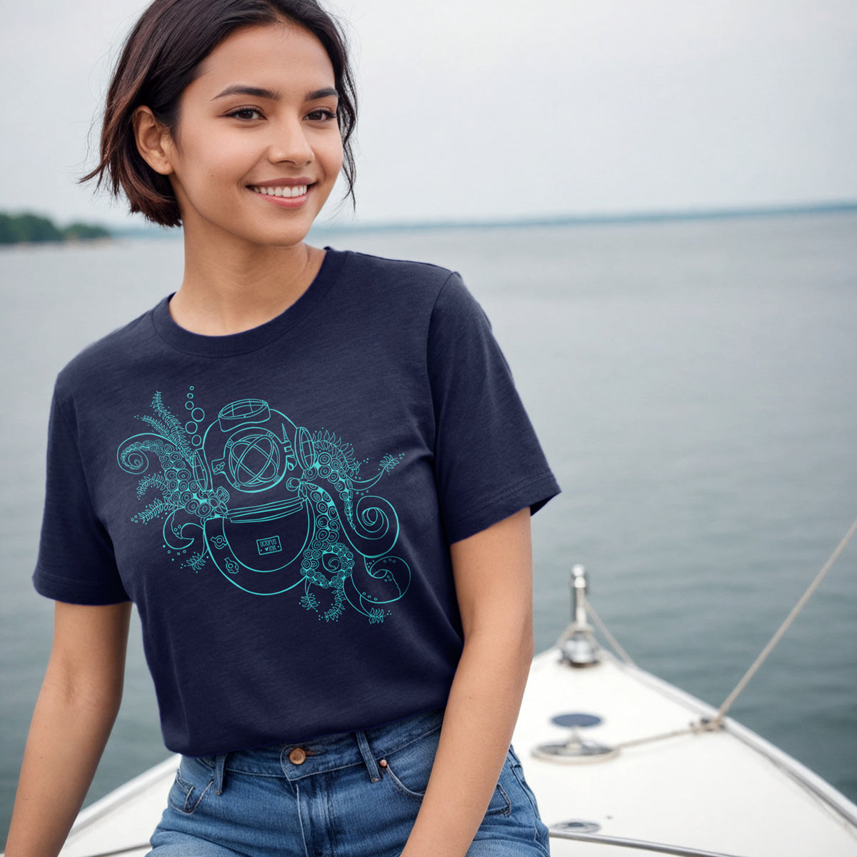 hand drawn aquanaut design on navy unisex tee with tentacles and vintage diving helmet 