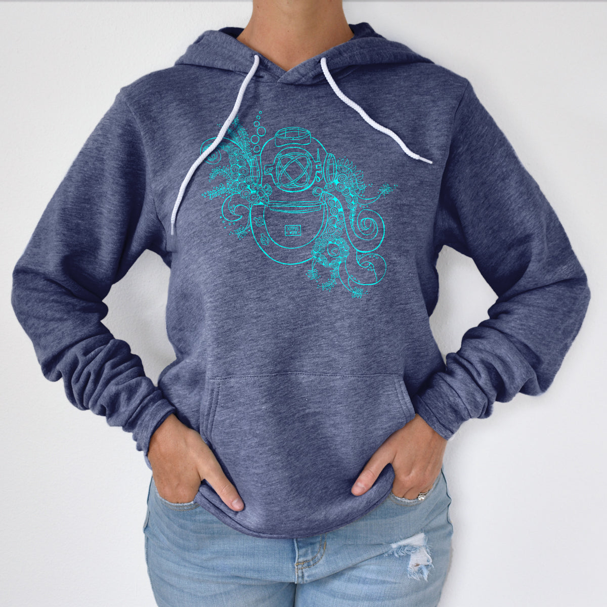 hand drawn aquanaut design on a navy pullover hoodie